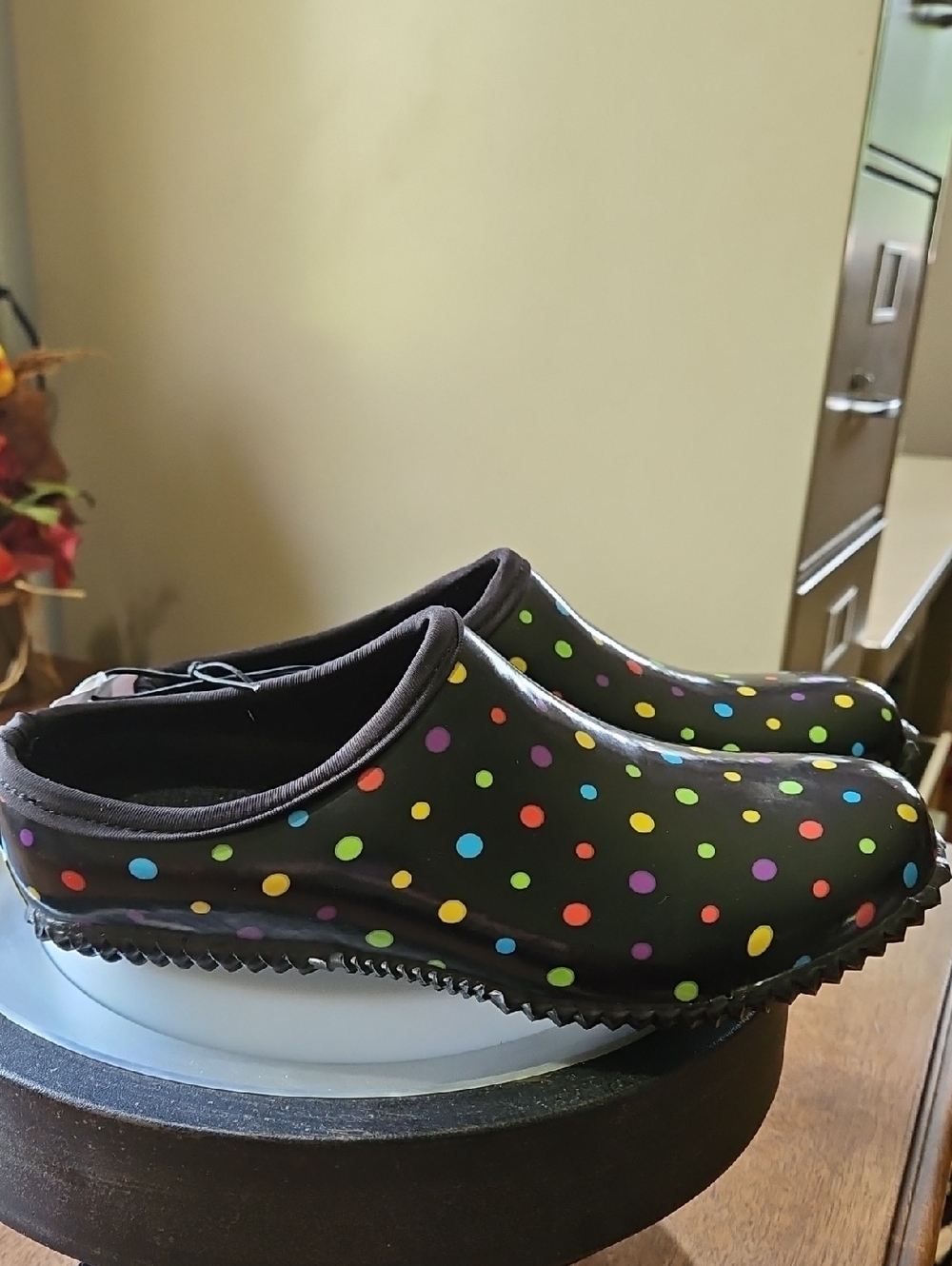 Western Chief Black Rain Clogs with Multi-Color Polka Dots